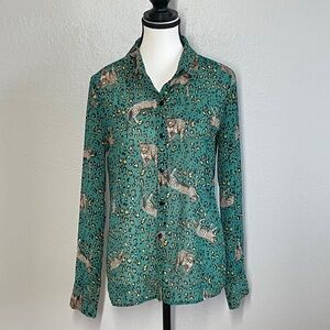 Lulus Green Leopard Print Button-Down Blouse Size S
